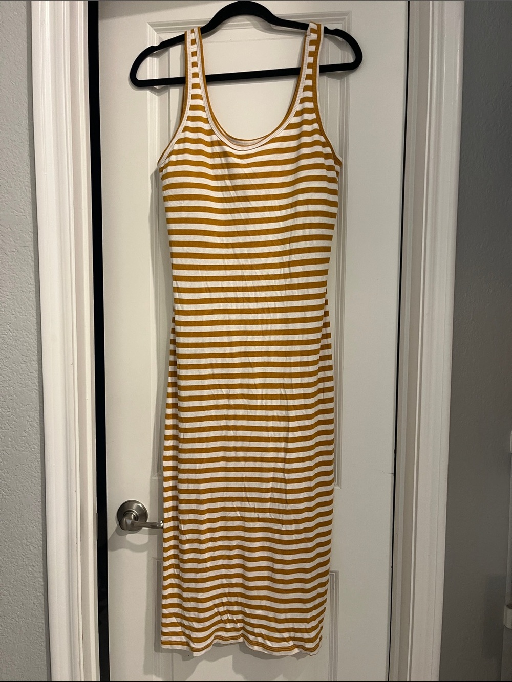 Striped Sleeveless Midi Tank Dress in Mustard and White
